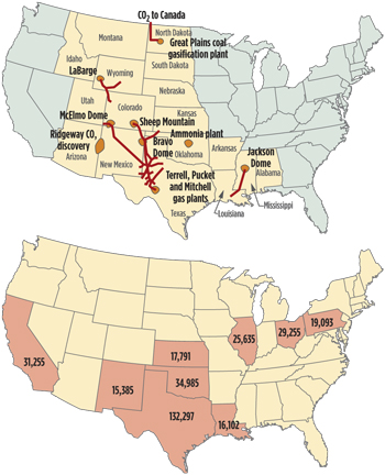 .A comparison of current CO2 pipelines (top) and top stripper well producer states (bottom). .A comparison of current CO2 pipelines (top) and top stripper well producer states (bottom).