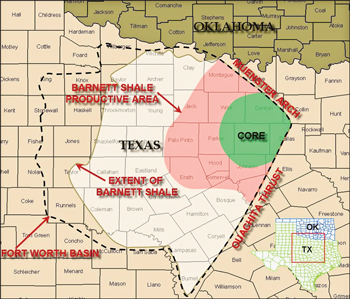 The Barnett Shale covers 5,000 sq mi in the Fort Worth Basin of north central Texas and is contained by the Muenster arch and the Ouachita thrust. Courtesy of Range Resources. 