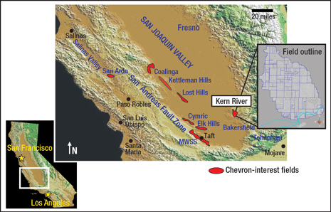 The Kern River heavy oil field is located in the southern San Joaquin Valley near Bakersfield, California.