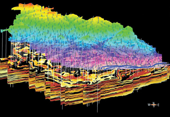 The Kern River 3D earth model showing the sand and shale distribution (shale is black) and variations in oil saturation. The darker red regions represent higher saturation in sands.  Surface topography is overlain on top, and the more than 600 observation wells used to monitor temperature and saturation are indicated with vertical lines and derrick symbols. 