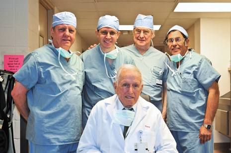 Ron Webb, Heart Project Manager (Cameron); Mark Patterson (Cameron); Dr. Bud Frazier (Texas Heart Institute); Omar Kabir (Cameron); and Dr. Denton Cooley, seated (Texas Heart Institute).