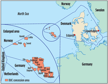 Fig. 1. Concession areas in the Danish North Sea licensed to the Dansk Undergrunds Consortium, a joint venture of Maersk Oil (operator, 39%), Shell (46%) and Chevron (15%).