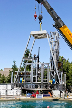 Seafloor Drill from Schilling Robotics and Gregg Marine being deployed for its factory acceptance testing in waters off Vancouver, British Columbia in July 2011.
