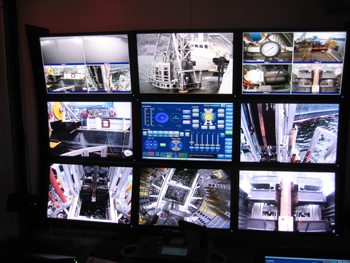screens in the control room during drill launch. Multiple camera angles are available for the driller and technician to see the drill and central screen houses the controls screen.