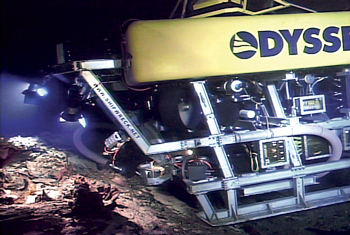 Odyssey’s ROV ZEUS works at the rudder of the SS Republic shipwreck site, 1,700 ft below the ocean surface.