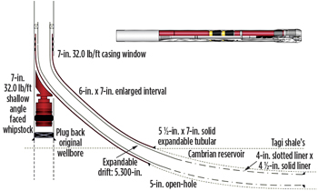 Fig. 1. The desired drill path to the reservoir required a sidetrack from the horizontal portion of the existing well. Fig. 1. The desired drill path to the reservoir required a sidetrack from the horizontal portion of the existing well.