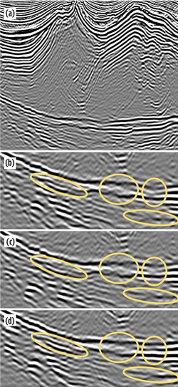 Fig. 7a. RTM image showing the location of the comparison. Figs. 7b, c and d are magnified RTM images migrated with a constant salt velocity (b), salt velocity from intra-salt tomography on CBM surface offset gathers (c), and salt velocity from intra-salt tomography on RTM 3D angle gathers (d).