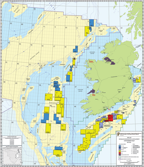 A relatively small portion of Ireland’s offshore area has been licensed. Map courtesy of Irish Department of Communications, Energy and Natural Resources.