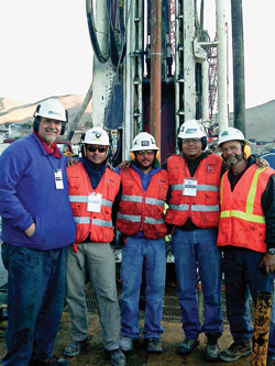 The drilling team at the San Jose mine rescue site. From left to right, Greg Hall, Drillers Supply; Mijali Proestakis, Drillers Supply; Brandon Fisher, Center Rock; Igor Proestakis, Drillers Supply; and Richard Soppe, Center Rock.