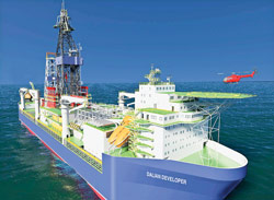 The Dalian Developer, currently under construction, is rated to drill to 35,000 ft in up to 10,000 ft of water. The design’s versatility enables the unit to be used in several modes, including an extended well test and early production unit, subsea construction vessel, and emergency response and containment unit in the case of oil spills.