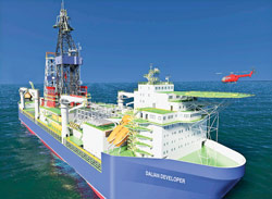 The Dalian Developer, currently under construction, is rated to drill to 35,000 ft in up to 10,000 ft of water. The design’s versatility enables the unit to be used in several modes, including an extended well test and early production unit, subsea construction vessel, and emergency response and containment unit in the case of oil spills. The Dalian Developer, currently under construction, is rated to drill to 35,000 ft in up to 10,000 ft of water. The design’s versatility enables the unit to be used in several modes, including an extended well test and early production unit, subsea construction vessel, and emergency response and containment unit in the case of oil spills.