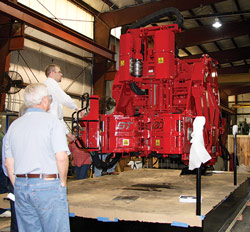 NOV’s latest iron roughneck model is completely retractable and measures just over 60 in. from the pedestal pivot, minimizing its footprint and providing more room on the rig floor. Its trackless design eliminates trip hazards on the floor. NOV’s latest iron roughneck model is completely retractable and measures just over 60 in. from the pedestal pivot, minimizing its footprint and providing more room on the rig floor. Its trackless design eliminates trip hazards on the floor.