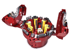 The UniSlips rotary-mounted slip incorporates a proprietary dual-wedge design that can handle any tubular within a size range of 2⅜-in. to 16-in. OD without changing slips. The UniSlips rotary-mounted slip incorporates a proprietary dual-wedge design that can handle any tubular within a size range of 2⅜-in. to 16-in. OD without changing slips.