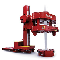 The UniTong makeup/breakout tool consolidates the roles of casing and tubing tongs, an iron roughneck, a mud bucket and cleaning and doping devices into one system. The UniTong makeup/breakout tool consolidates the roles of casing and tubing tongs, an iron roughneck, a mud bucket and cleaning and doping devices into one system.