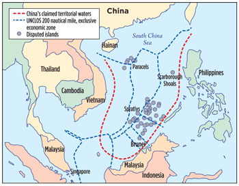 Fig. 3. China’s traditional territorial claims in the South China Sea are by nine-dashed, or u-shaped line, printed on maps published in the People’s Republic of China documents.