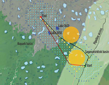 Fig. 3. The NSDSS ice road planning tool allows users to specify the start and end points (green and red dots on the map, respectively), the lakes that may be used (dark blue) and exclusion zones where the ice road should not go. Exclusions are identified in two ways: through user specification (orange circles) and through a web service that assesses whether the intended area is suitable habitat for species such as polar bears. Fig. 3. The NSDSS ice road planning tool allows users to specify the start and end points (green and red dots on the map, respectively), the lakes that may be used (dark blue) and exclusion zones where the ice road should not go. Exclusions are identified in two ways: through user specification (orange circles) and through a web service that assesses whether the intended area is suitable habitat for species such as polar bears.
