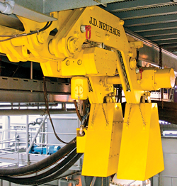 J.D. Neuhaus’ monorail BOP handling system is deployed with matching air or hydraulic chain hoists working in parallel. The system also has the option of using a positive rack-and-pinion trolley drive, a custom designed clevis attachment to replace the load hooks, hydraulic operation and longer lifts.