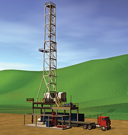 IDE’s (Integrated Drilling Equipment) Sparta Recon Drilling System (SRDS), a new AC-powered land rig designed specifically for the requirements of moderate-depth drilling, can be moved in hours compared with days required by conventional rigs, requiring only 12 loads to move the rig complete with an AC top drive that is transported in the mast with the traveling block and drill line spooler. IDE’s (Integrated Drilling Equipment) Sparta Recon Drilling System (SRDS), a new AC-powered land rig designed specifically for the requirements of moderate-depth drilling, can be moved in hours compared with days required by conventional rigs, requiring only 12 loads to move the rig complete with an AC top drive that is transported in the mast with the traveling block and drill line spooler.