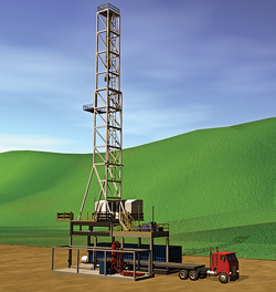 IDE’s (Integrated Drilling Equipment) Sparta Recon Drilling System (SRDS), a new AC-powered land rig designed specifically for the requirements of moderate-depth drilling, can be moved in hours compared with days required by conventional rigs, requiring only 12 loads to move the rig complete with an AC top drive that is transported in the mast with the traveling block and drill line spooler.