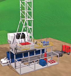 IDE’s (Integrated Drilling Equipment) Sparta Recon Drilling System (SRDS), a new AC-powered land rig designed specifically for the requirements of moderate-depth drilling, can be moved in hours compared with days required by conventional rigs, requiring only 12 loads to move the rig complete with an AC top drive that is transported in the mast with the traveling block and drill line spooler. IDE’s (Integrated Drilling Equipment) Sparta Recon Drilling System (SRDS), a new AC-powered land rig designed specifically for the requirements of moderate-depth drilling, can be moved in hours compared with days required by conventional rigs, requiring only 12 loads to move the rig complete with an AC top drive that is transported in the mast with the traveling block and drill line spooler.
