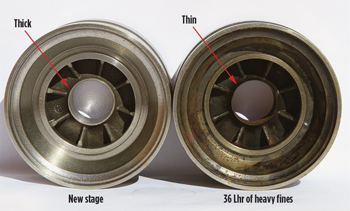 Fig. 5. New P18 stage compared to 36-hr run life with sand (note thinness)
