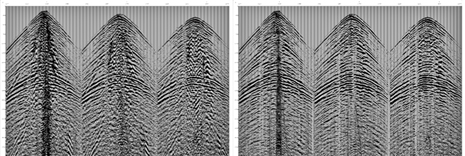 Fig. 6. Shot before (left) and after (right) AGORA noise attenuation in the cross-spread domain.