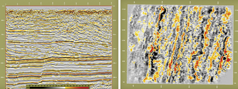 Fig. 8. Prestack time migration showing excellent imaging of the onlaps in the Brookian sequence and clear fault delineation in the Cretaceous (inline and timeslice).