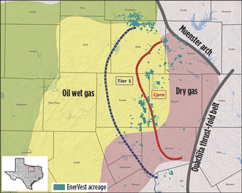 Fig. 1. The 113,000-net-acre lease holding EnerVest amassed in separate transactions encompasses the Combo play as well as dry and wet gas zones. Source: EnerVest Operating LLC.