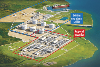 Cheniere Energy’s plan for an LNG export facility at Sabine Pass, Texas, is, so far, the only project of its kind licensed by DOE. Diagram courtesy of Cheniere Energy.
