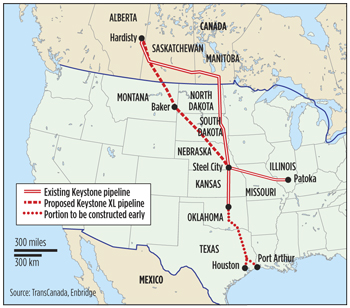 As this map indicates, the only Keystone XL segment lacking approval and awaiting construction is the portion from the Canadian border, through Nebraska and down to Cushing, Okla. Map courtesy of TransCanada Corp.