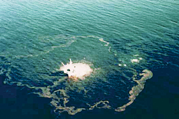 Oil gushes to the surface and spreads following the blowout at Union Oil’s Platform A in the Santa Barbara Channel in January 1969. The event brought about the first comprehensive federal safety rules in offshore drilling.