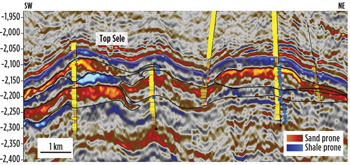 Fig. 2. Forties field colored inversion lithology depth seismic section. Black lines indicate principal channel bodies. Gamma logs shown on well traces with yellow indicating sand below Top Sele.