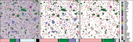 Fig. 1. Contaminated sample, demonstrating the impact of digital and contextual screening to improve the relevancy of reported data: wet-screened sample as measured (left); digitally screened sample (center); contextually screened sample (right).