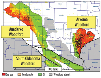 Fig. 1. Woodford shale play is divided into the gas-rich Arkoma Woodford in southeast Oklahoma and the liquids-rich Anadarko and South Oklahoma Woodford. Courtesy of Continental Resources. 