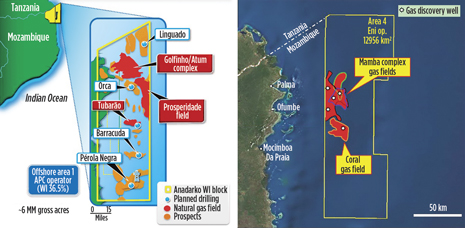 Fig. 3. Anadarko has made several gas discoveries in deepwater Mozambique (left) and has numerous prospects for wildcat drilling in Area 1. Total has made two discoveries in Area 4—Mamba and Coral.