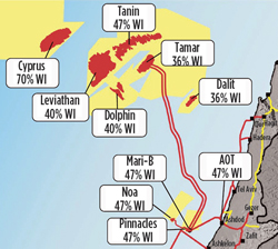 Fig. 4. Noble Energy has made six consecutive discoveries in the eastern Mediterranean, with over 35 Tcf of gross resources. 