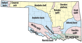 Fig. 2. Oklahoma geological provinces. Source: University of Oklahoma from “Seismic Characterization of the Woodford shale in the Anadarko Basin”