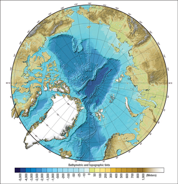 Bathymetric and topographic chart of the Arctic Ocean (composite based on sparse data). Courtesy of the University of New Hampshire and the US National Oceanic and Atmospheric Administration.