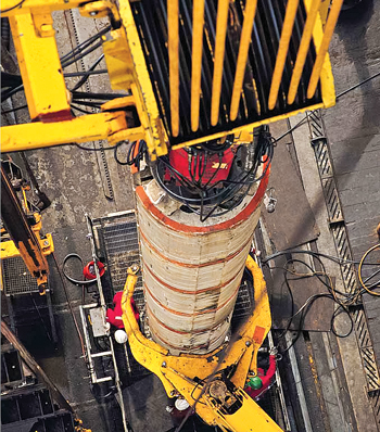 Fig. 2. To reduce the weight in water of a drilling riser, Trelleborg’s buoyancy modules are fitted around the riser and any ancillary lines. The company recently designed modules rated to nearly 5,000 psi, allowing Transocean to achieve a new water depth drilling record offshore India.