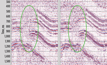 Fig. 3. Improved illumination (right) as a result of 3D seismic reprocessing. Image courtesy of Echo Geophysical.