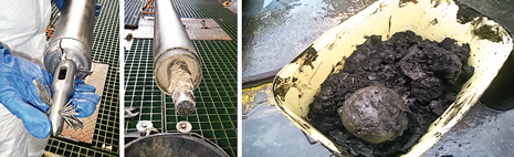 An electric-line clean-out tool and a high-powered vacuum system were used to break up and remove hard, compacted debris. An electric-line clean-out tool and a high-powered vacuum system were used to break up and remove hard, compacted debris.