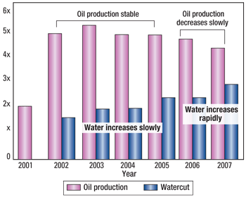 Until 2005, oil production in Lu Liang Field remained stable, then it began declining as watercut rapidly increased.