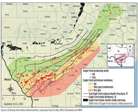Fig. 1. Map showing depth and thickness of the Eagle Ford shale across South Texas, along with oil and gas producing wells as of Oct. 6, 2010.