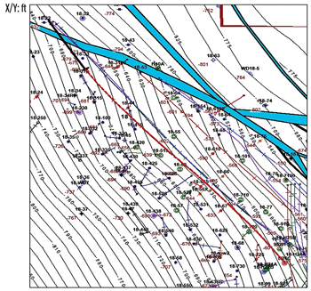 Fig. 3. Reservoir navigation base map showing the top of the Pyramid Hill-C sand. Horizontal wells (long red and blue lines) must be navigated around existing vertical wells.
