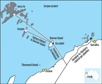 Fig. 4. The Gorgon project will gather gas from Gorgon and Jansz-lo fields for processing and liquefaction on Barrow Island.