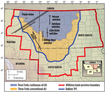 Currently delineated geographic boundary of the Bakken/Three Forks play. Source: US Geological Survey (USGS)