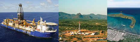 Anadarko Petroleum is mobilizing the Deepwater Millenium drillship to drill wildcat wells offshore Kenya (left).  Meanwhile, Tullow Oil‘s Ngamia-1 onshore Kenya well has discovered light oil in multiple zones (center). Anadarko and Eni are planning to jointly develop the Mozambique LNG terminal.