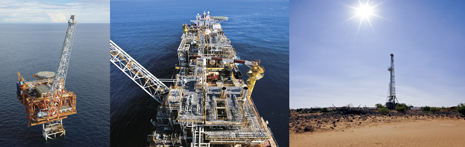 From left, in 80 m of water, Woodside’s Angel platform is the North West Shelf Project’s newest offshore gas production facility. BHP Billiton’s Pyrenees field off the North West Coast of Western Australia gathers crude from Ravensworth, Crosby and Stickle fields and has been producing for two years through a 13-well subsea development tied back to the FPSO Pyrenees Venture. Onshore, a drilling rig operates on behalf of Beach Petroleum in the onshore Cooper basin.