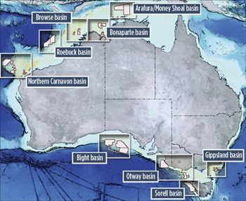 Fig. 2. The 2012 Offshore Petroleum Exploration Acreage Release covers 27 areas in nine basins. Source: Australia Department of Resources, Energy and Tourism