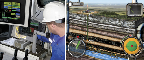 Driller interacts with the Performance Advisory System rig floor display (left) with a close-up view of the drilling recommendations patterned after game applications.